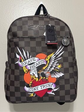 Ed Hardy Brave Hearts Stay True Checkered Backpack NWT Unisex Y2K Tattoo